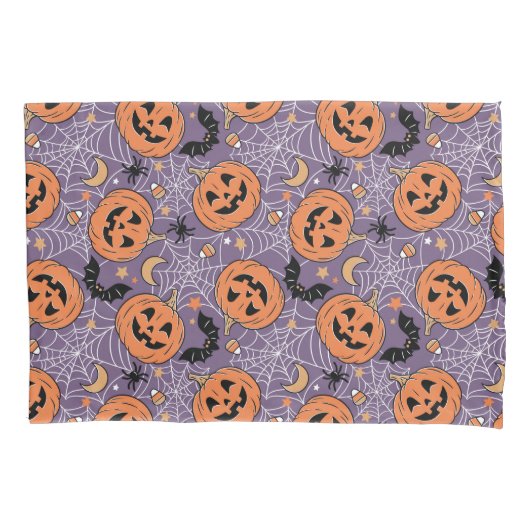 Paarse Jack-O-Lantern Halloweenpatroon Kussensloop (Voorkant)