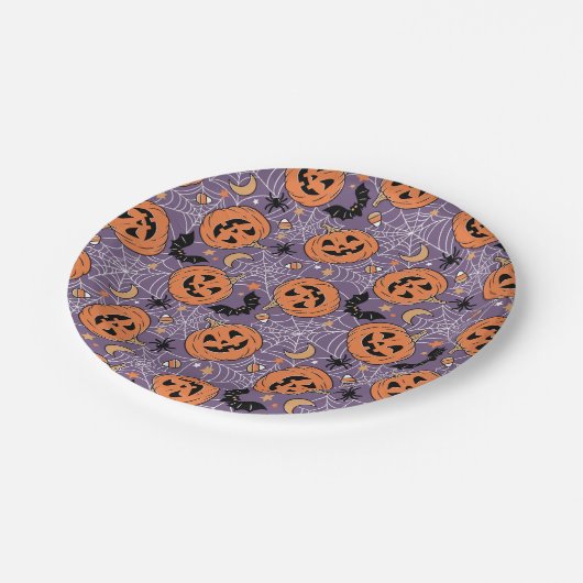 Paarse Jack-O-Lantern Halloweenpatroon Papieren Bordje (Gekanteld)