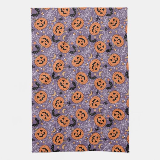 Paarse Jack-O-Lantern Halloweenpatroon Theedoek (Verticaal)