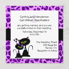 Paarse Jaguar Print & Black Cat Wedding Invitation Kaart