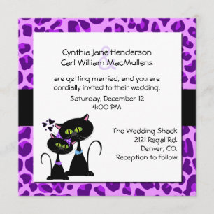 Paarse Jaguar Print & Black Cat Wedding Invitation Kaart
