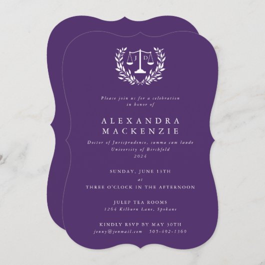 Paarse JD Law Scales Laurel Wreath Afstuderen Invi Kaart (Voorkant / Achterkant)