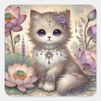 Paarse Jewel Lotus Princess Cat Vierkante Sticker
