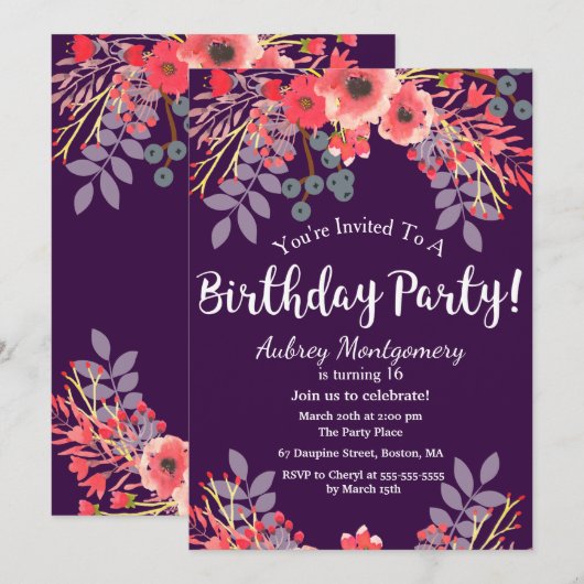 Paarse Jewel Tone Waterverf Bloemen Verjaardag Kaart (Voorkant / Achterkant)