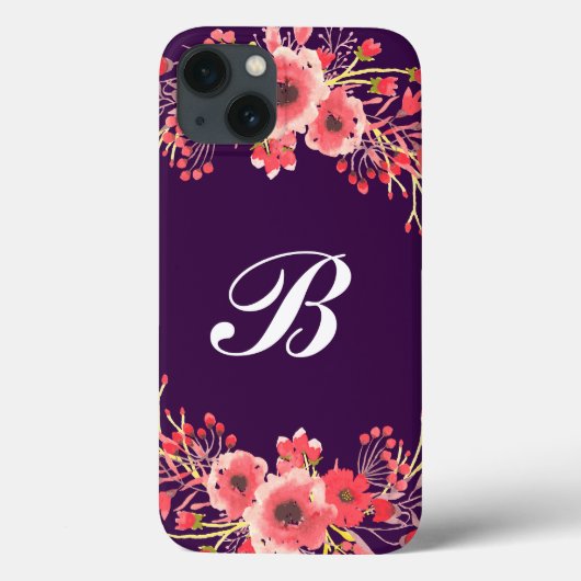 Paarse Jewel Tone Waterverf Flowers Monogrammen Case-Mate iPhone Case (Achterkant)