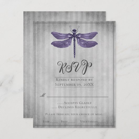 Paarse Jeweled Dragonfly Wedding RSVP (Voorkant / Achterkant)