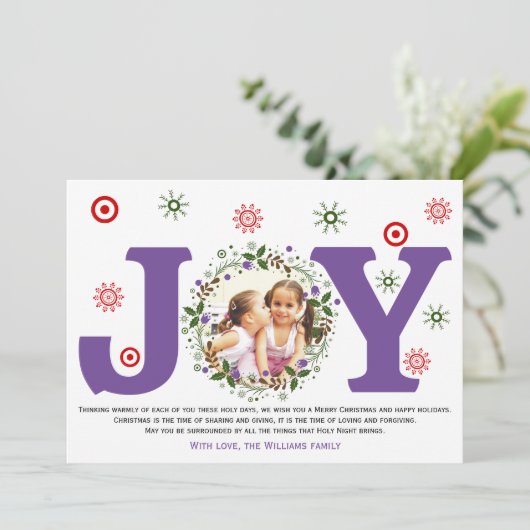 Paarse Joy, kerstflorale foto Feestdagenkaart (Staand voorkant)