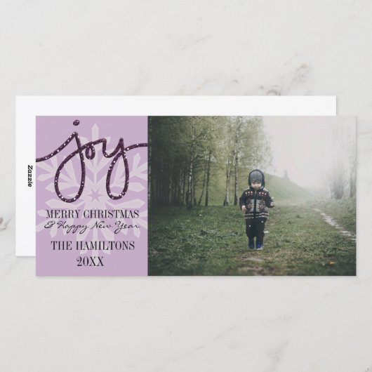 Paarse JOY Snowflake-fotokaart Feestdagenkaart (Voorkant / Achterkant)