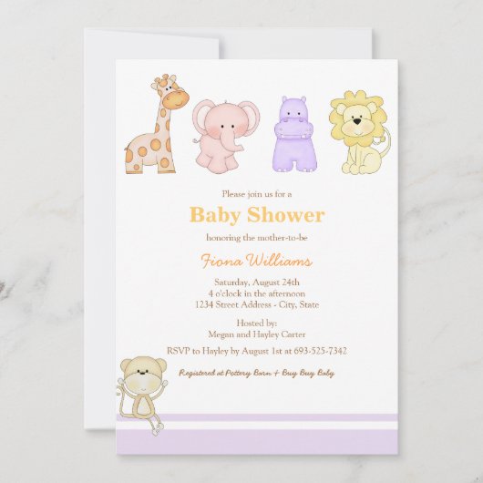 Paarse Jungle Babys Baby Shower Uitnodiging (Voorkant)