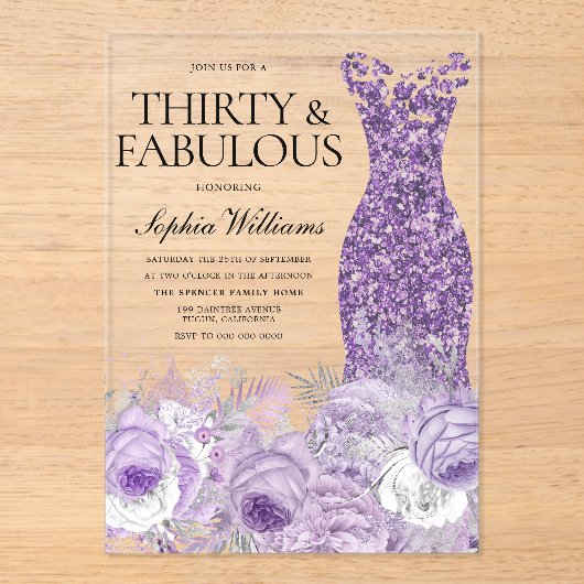 Paarse jurk 30 en fantastische 30e verjaardag acryl uitnodigingen (Voorkant)