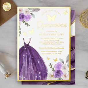 Paarse Jurk Bloem Vlinder Quinceanera Goud Folie Uitnodiging