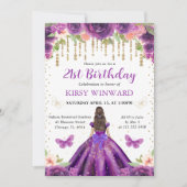 Paarse jurk bruinhaarige prinses verjaardag kaart (Voorkant)