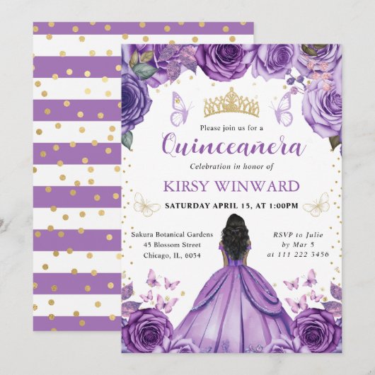 Paarse jurk Dark Skin Princess Quinceanera Kaart (Voorkant / Achterkant)