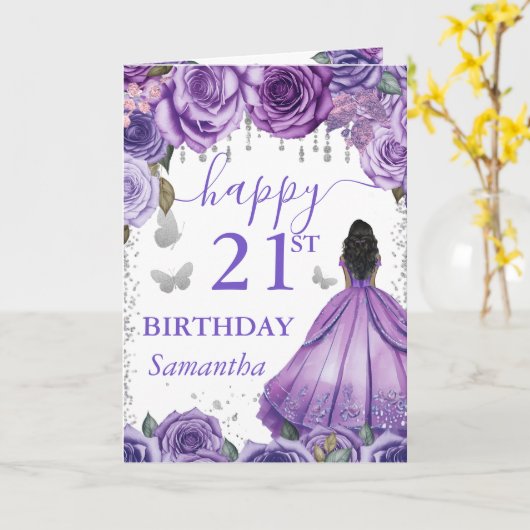 Paarse jurk Dark Skin Princess Verjaardag Kaart (Gele Bloem)