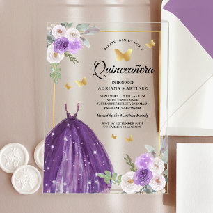 Paarse Jurk Floral Butterfly Gold Quinceanera Acryl Uitnodigingen