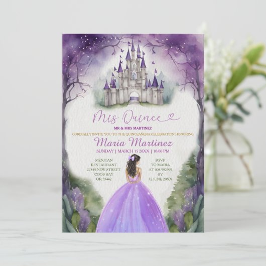 Paarse Jurk Floral Greenery Forest 16 Mis Quince Kaart (Staand voorkant)