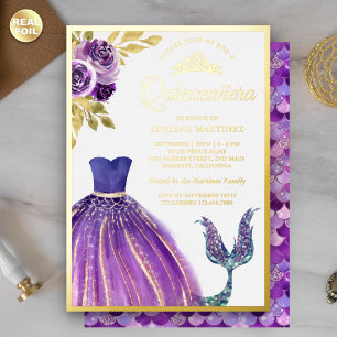 Paarse Jurk Zeemeermin Staart Quinceanera Goud Folie Uitnodiging