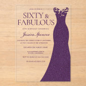 Paarse jurk zestig en fantastische 60e verjaardag acryl uitnodigingen (Voorkant)