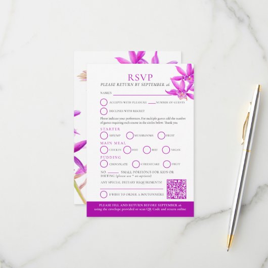Paarse juwelen orchidee waterverf bruiloft RSVP QR (Voorkant / Achterkant in situ)