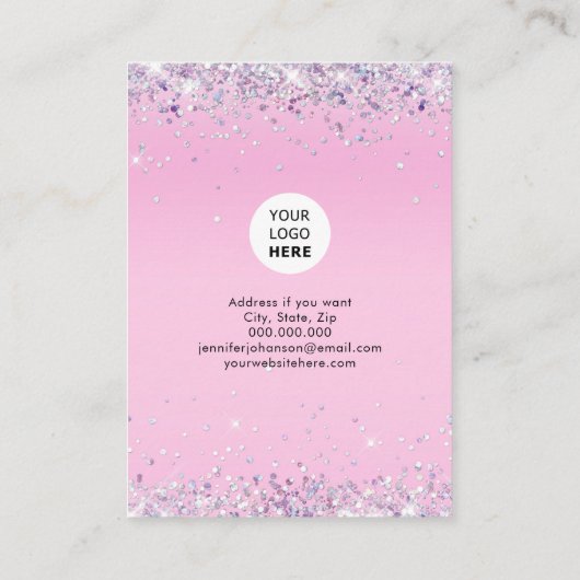 Paarse juwelenhouder met glitter oorringen Roze Bu Visitekaartje (Achterkant)