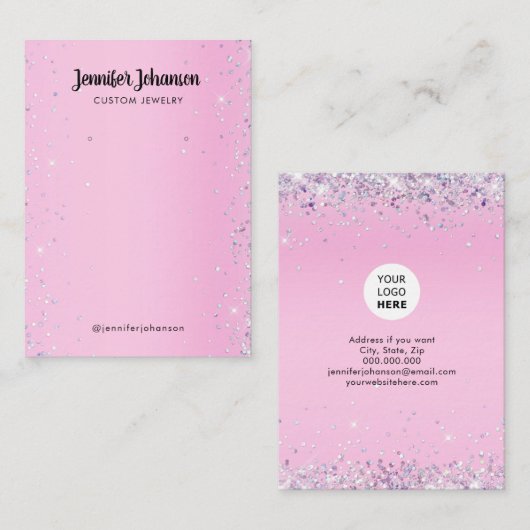 Paarse juwelenhouder met glitter oorringen Roze Bu Visitekaartje (Voorkant / Achterkant)