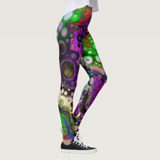 Paarse, kalkgroene en zwarte marmerbare fluïde kun leggings (Rechts)
