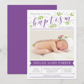 Paarse kalligrafie doopsel foto uitnodiging Kaart (Voorkant / Achterkant)