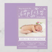 Paarse kalligrafie doopsel foto uitnodiging Kaart (Voorkant / Achterkant)