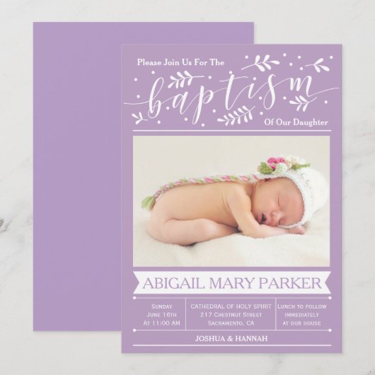 Paarse kalligrafie doopsel foto uitnodiging Kaart (Voorkant / Achterkant)