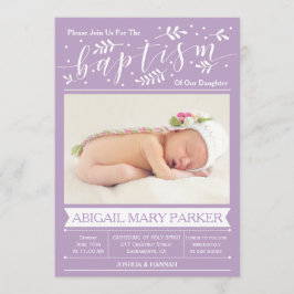 Paarse kalligrafie doopsel foto uitnodiging Kaart