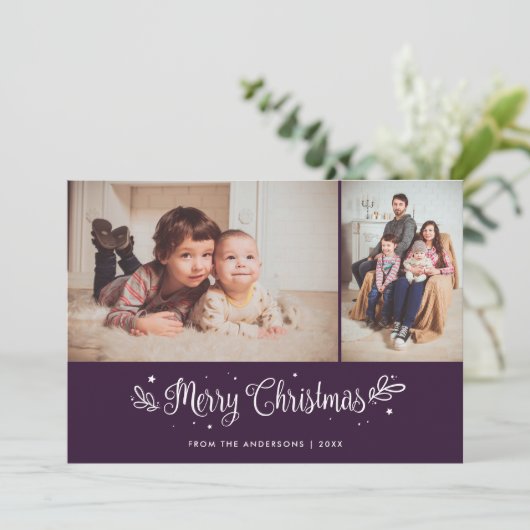 Paarse kalligrafie Kaarten voor kerstfoto's (Staand voorkant)