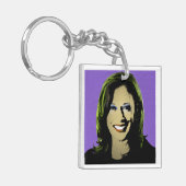 Paarse Kamala Harris Pop Art Sleutelhanger (Voorkant Links)
