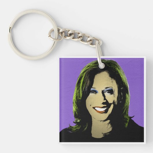 Paarse Kamala Harris Pop Art Sleutelhanger (Voorkant)