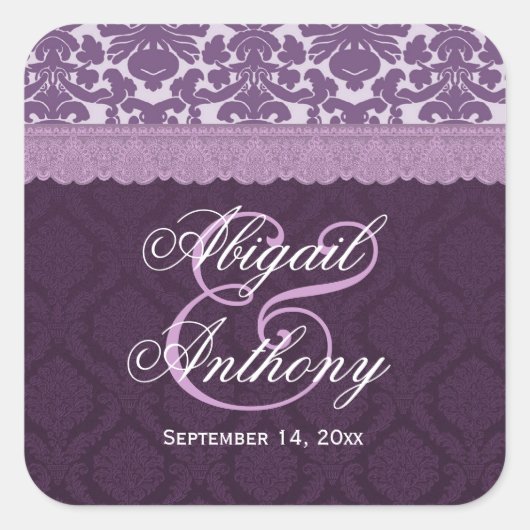 Paarse Kant Bruiloft Damask V08 Vierkante Sticker (Voorkant)