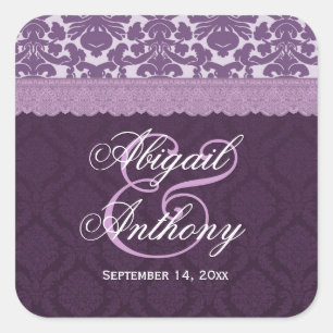 Paarse Kant Bruiloft Damask V08 Vierkante Sticker
