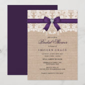 Paarse kant & Burlap Vrijgezellenfeest Uitnodigen Kaart (Voorkant / Achterkant)