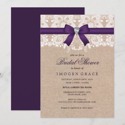 Paarse kant & Burlap Vrijgezellenfeest Uitnodigen Kaart (Voorkant / Achterkant)