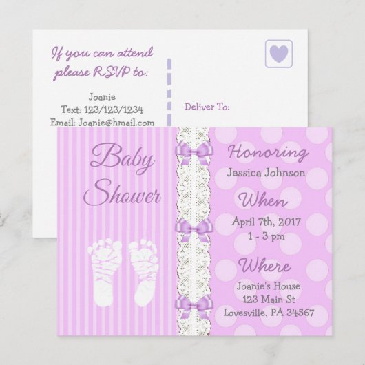 Paarse kant en boog meisje Baby shower uitnodiging (Voorkant / Achterkant)