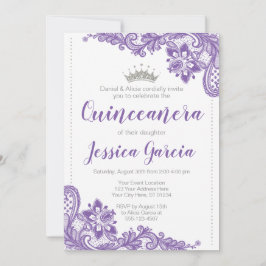 Paarse kant en zilveren glitter Princess Quinceañe Kaart