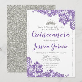 Paarse kant en zilveren glitter Princess Quinceañe Kaart