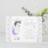 Paarse kant engel baby meisje doop kaart (Staand voorkant)