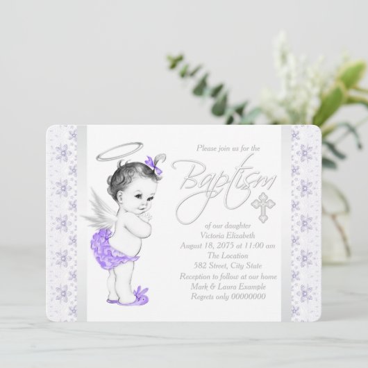 Paarse kant engel baby meisje doop kaart (Staand voorkant)
