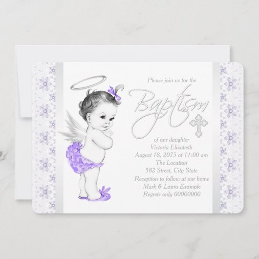 Paarse kant engel baby meisje doop kaart (Voorkant)