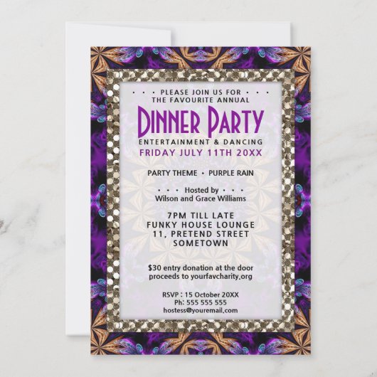 Paarse Kant Fractals Diner Cocktail Party Kaart (Achterkant)