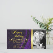 Paarse kant zijde & gouden rol kerst foto kaart (Staand voorkant)