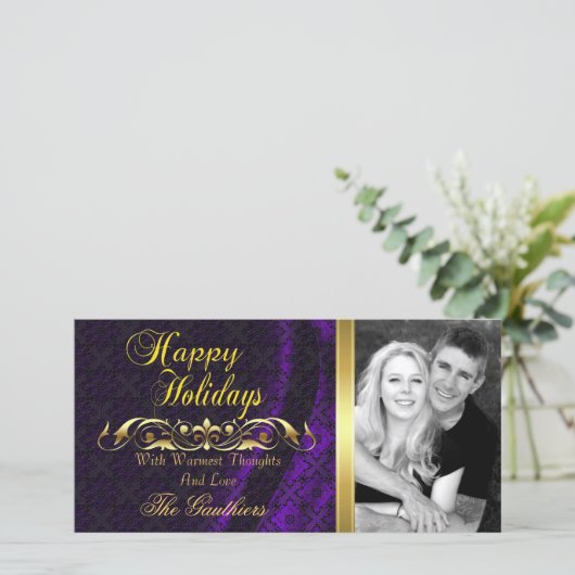 Paarse kant zijde & gouden rol kerst foto kaart (Staand voorkant)
