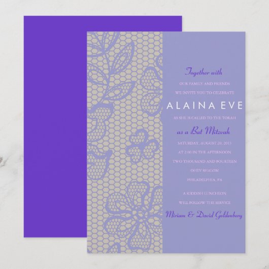  PAARSE kanten bar bat mitswa uitnodiging (Voorkant / Achterkant)