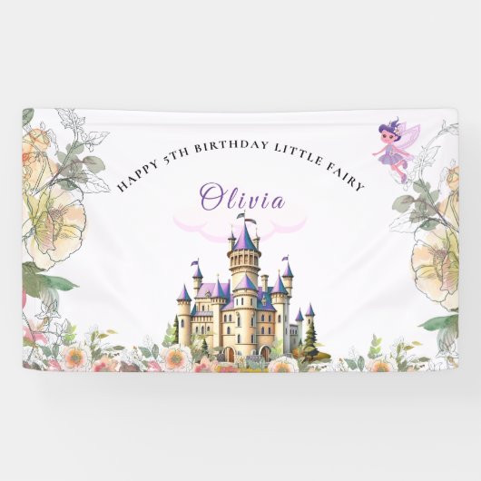 Paarse Kasteel Sprookje Verjaardagsthema met Sproo Spandoek (Horizontaal)