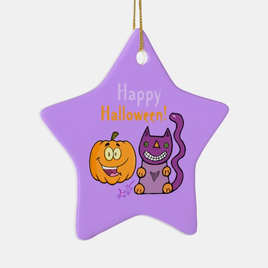 Paarse kat en pomkin Happy Halloween Star Ornament (Rechts)