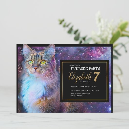 Paarse Kat Feest Uitnodiging (Staand voorkant)